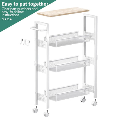 Vivihomety Utility Slim Storage Cart with Wheels, 4 Tier Small Rolling Cart with Wood Top, Metal Kitchen Bathroom Laundry Room Organization Trolley with Handle for Narrow Space – Black