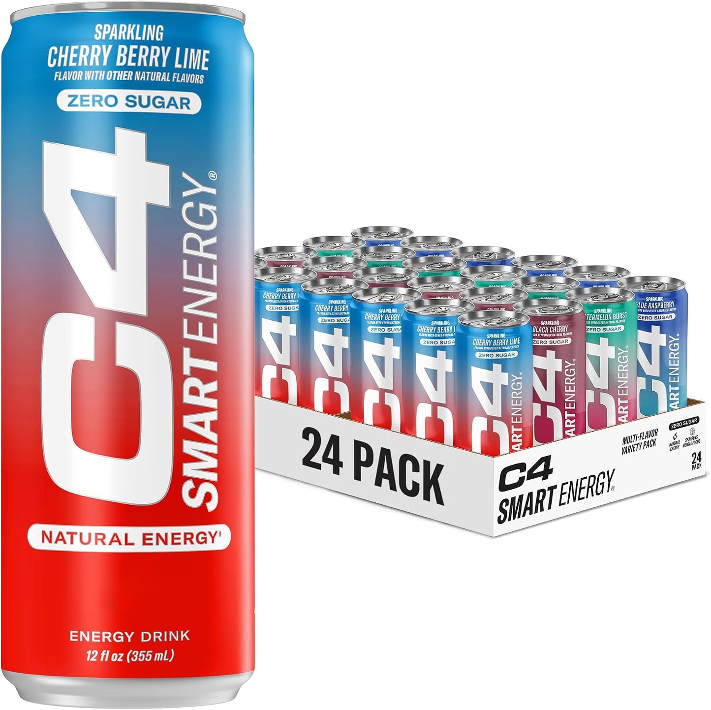 C4 Smart Energy Drinks Variety Pack, Sugar Free Performance Fuel & Nootropic Brain Booster, Coffee Substitute or Alternative, 4 Flavor Berry Breeze Variety (Pack of 24)