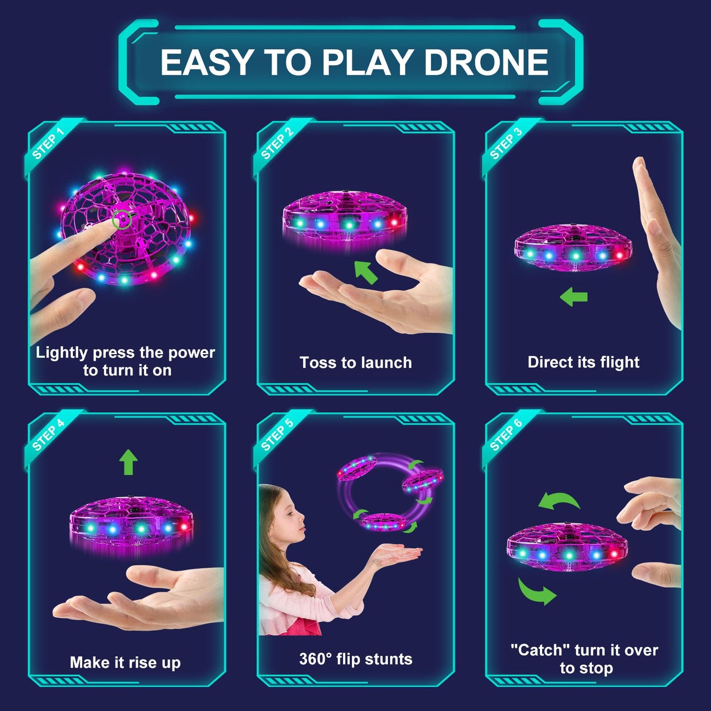 Hand Operated Flying Toy Drone for Kids, 360° Hands Free Motion Sensors Mini Drone with Cool LED Lights, Easy Indoor Small UFO Toy Flying Ball Drone for 6 7 8 9 10+ Year Old Boys and Girls (Blue)