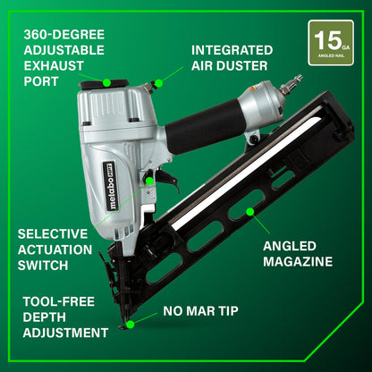 Metabo HPT 15 Gauge Angled Finish Nailer, Selective Actuation, NT65MA4 | Pneumatic Power Tool, Air Duster Included, 1-1/4 to 2-1/2 in Fasteners, Crown & Base Molding Applications