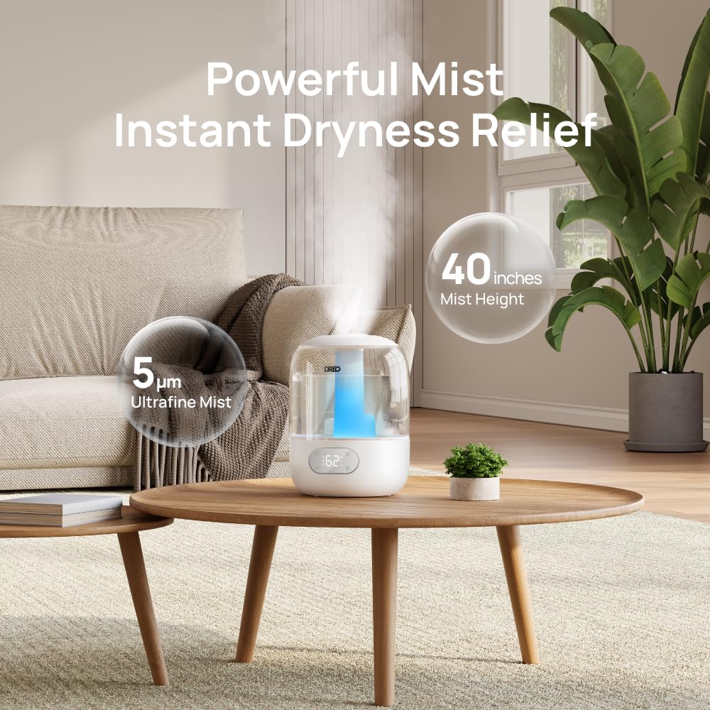 DREO Humidifiers for Bedroom, 3L Top Fill 30H & 26dB Quiet Runtime for Large Room, Cool Mist Ultrasonic Humidifier with Humidity Sensor, Night Light for Home, Baby, Nursery, Plants, 360° Nozzle, Black