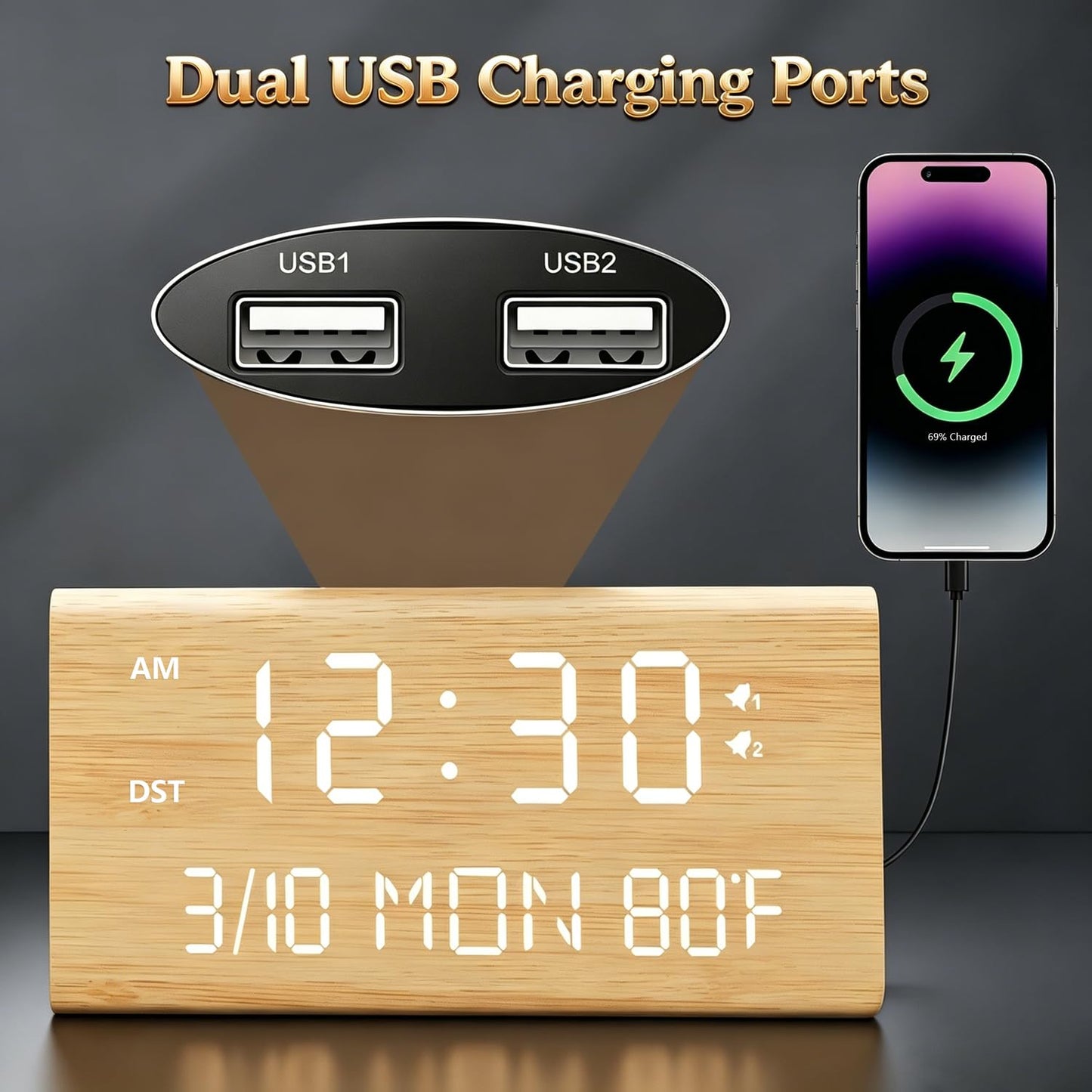 Kogonee Wooden Digital Alarm Clock, 0-100% Dimmer, 2 Alarm Settings, Weekday/Everyday Mode, 9 Mins Snooze, 12/24H, Temperature and Date Display for Office, Travel, Bedroom Alarm Clock (Brown)