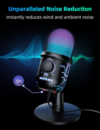 MRSDY USB Gaming Microphone for PC with Noise Reduction, Mute, Gain, RGB | Condenser Mic, Headphone Jack, Suitable for PC, Computer, PS4, PS5, Mac, Streaming, Podcasting, Recording, YouTube, Discord
