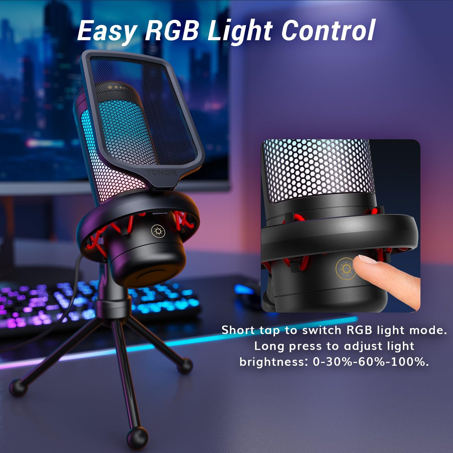 TONOR Gaming Microphone Set with Boom Arm, Vocal Condenser Microphone for PC with Stand, USB Mic with controllable RGB Light, One Tap Mute, Volume Control, for Discord, Twitch Streaming, TC310+