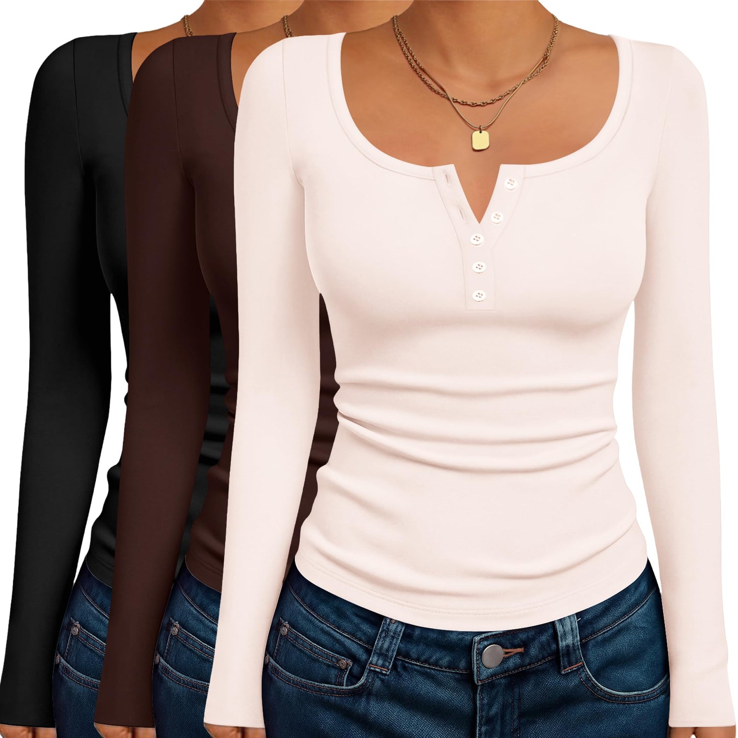 Ekouaer Women's Long Sleeve Henley T Shirts 3 Packs Fall Button Slim Fit Tops Basic Base Layer Soft Thermal Undershirts