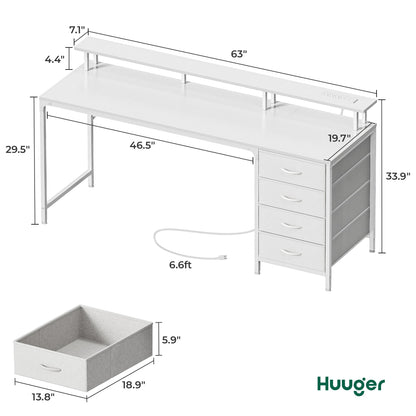 Huuger 47 Inch Computer Desk with Power Outlets and LED Lights, Gaming Desk with 4 Drawers, Office Desk with Monitor Stand, Study Work Home Office, Small Spaces, Black