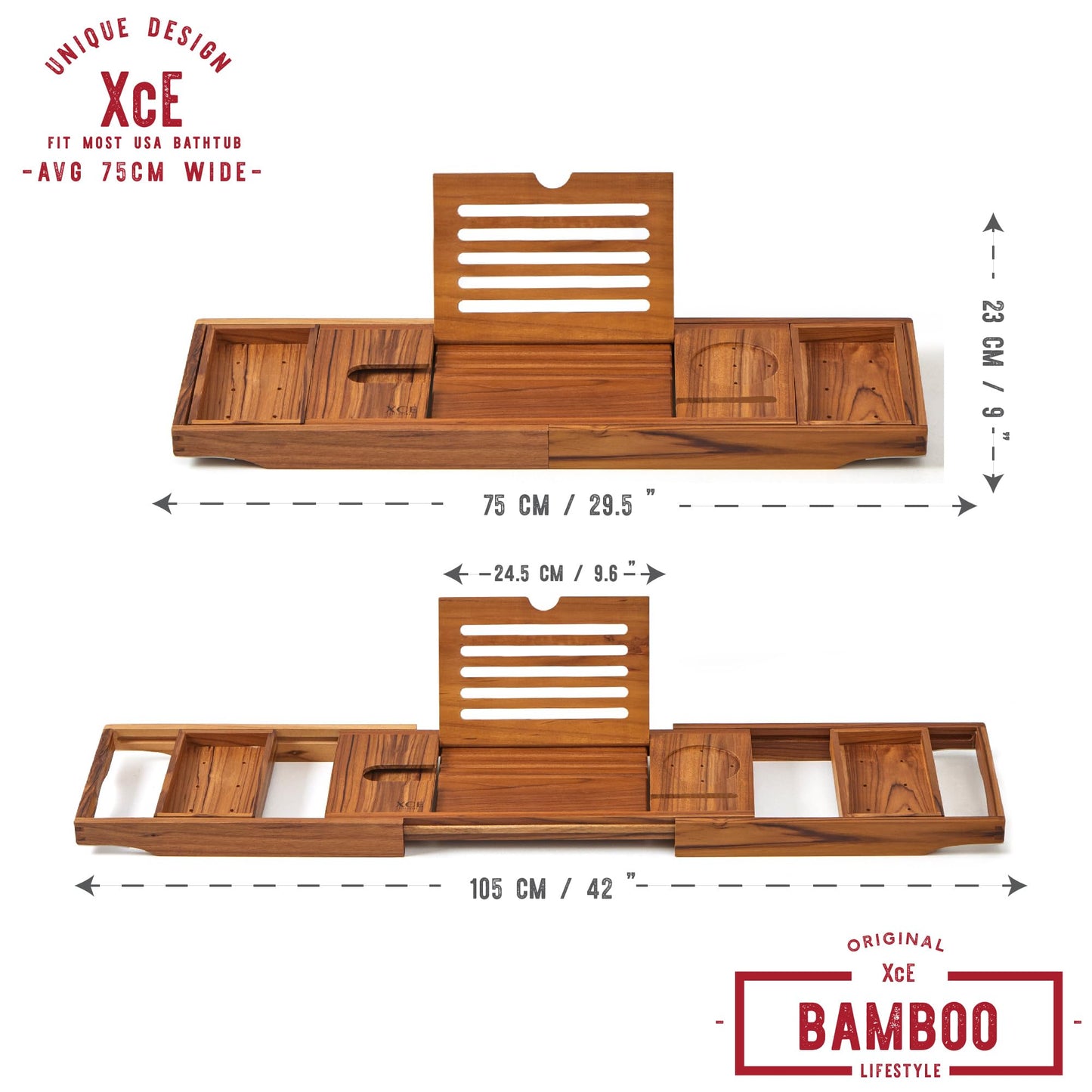 XcE Bamboo Bathtub Caddy Tray - Expandable to 41 Inches with Book Stand, Soap Holder & Anti-Slip Pads for Luxury Bath Spa, Brown