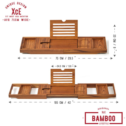 XcE Bamboo Bathtub Caddy Tray - Expandable to 41 Inches with Book Stand, Soap Holder & Anti-Slip Pads for Luxury Bath Spa, Brown