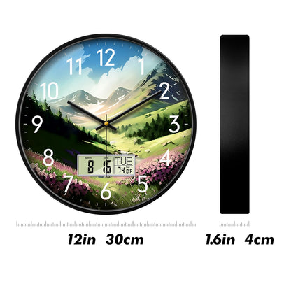 Wilderness Sunset Wall Clock, 12 Inch Silent Non-Ticking Battery Operated Analog Clock with LCD Date Day Temp Display, Decorative for Living Room, Bedroom, Kitchen, Office, Farmhouse, Cabin
