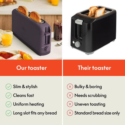bella 2 Slice Slim Toaster, Fits-anywhere™ Kitchenware, 6 Setting Shade Control with Reheat & Cancel Buttons, Fits sourdough, 10” Long Slot, Anti Jam & Auto Shutoff, 900 Watt, Oatmilk