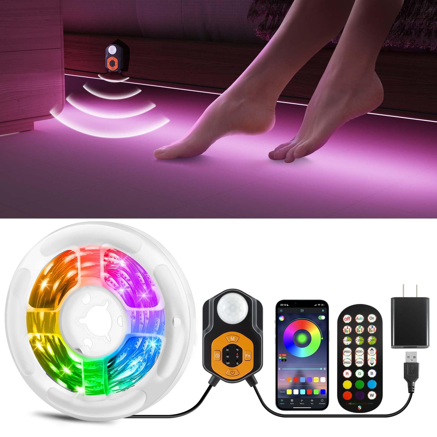 Motion Sensor LED Light Strip 19.68ft Under Bed Lights, RGB 3 Mode Motion Activated Bed Light with Music Sync and Timer, Dimmable Color Changing LED Lights Father Day Gifts