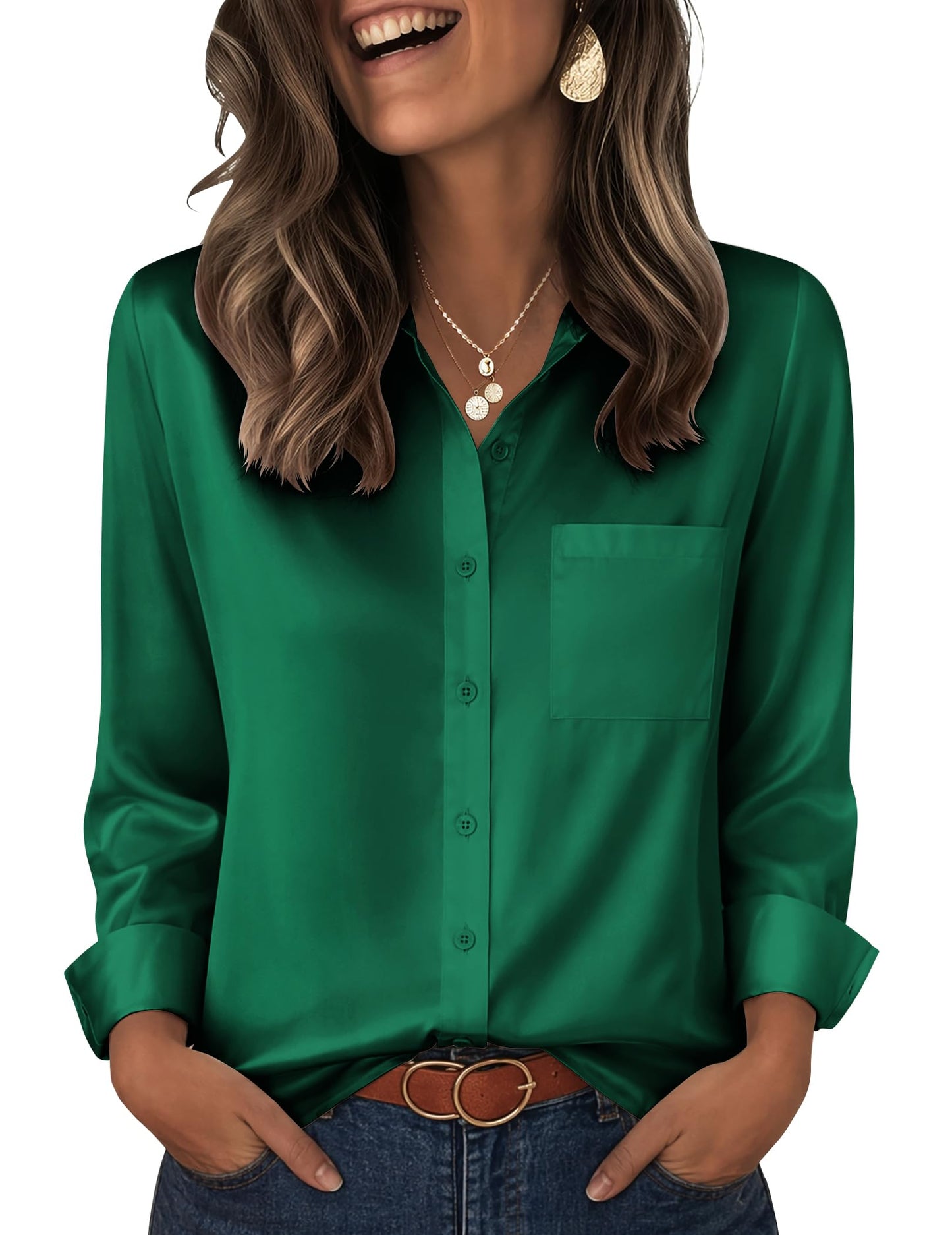 Zeagoo Womens Tops Satin Blouse Long Sleeve Shirts V Neck Dressy Casual | Button Down Business Outfits Fall Fashion With Pockets