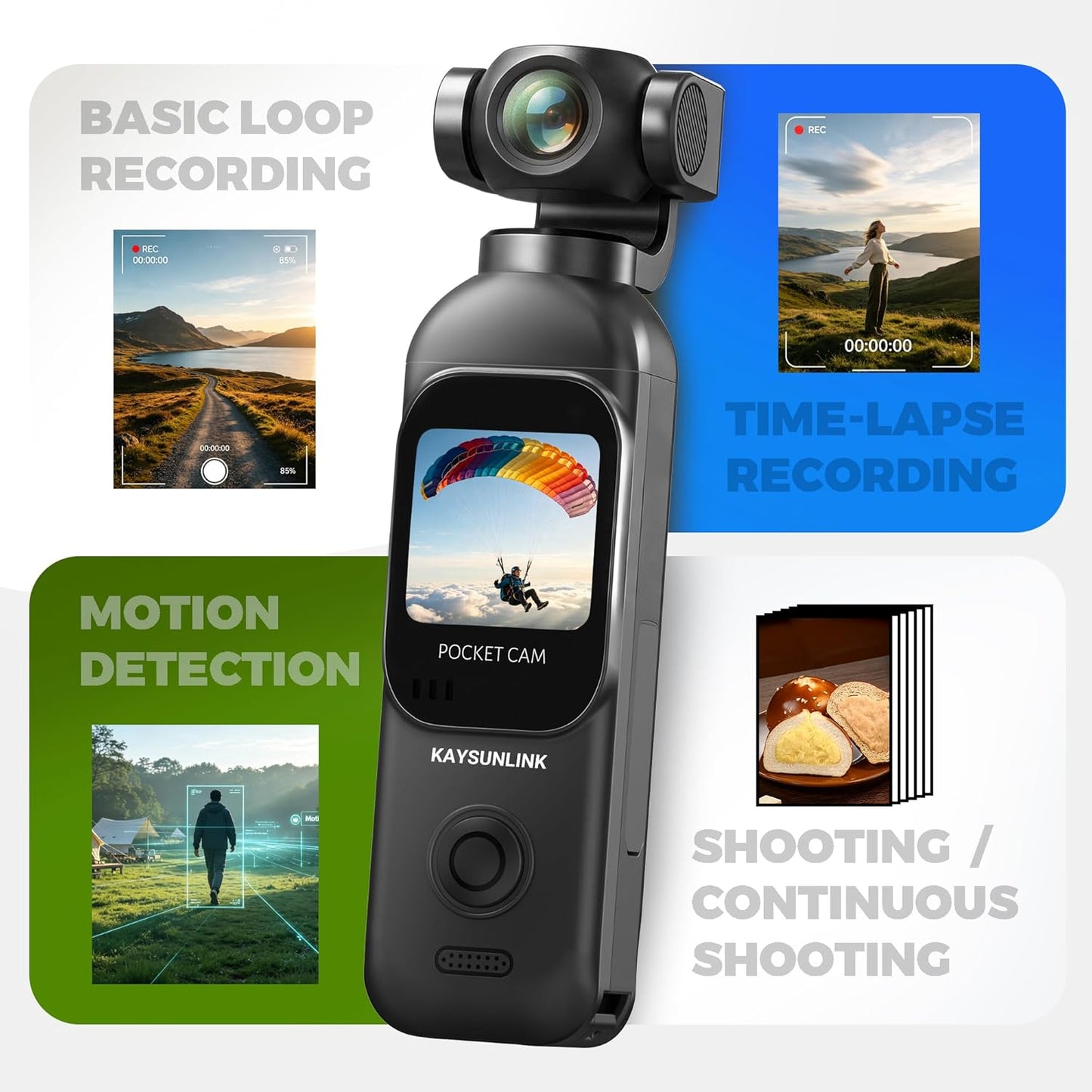 Kaysunlink 1080P Vlogging Camera with 270°Rotatable Lens, Handheld POV Pocket Camera with Touch Screen & WIFI, 5 Hours Power, One-button Recording Camcorder with 64GB Card for Daily Use, Travel, Black