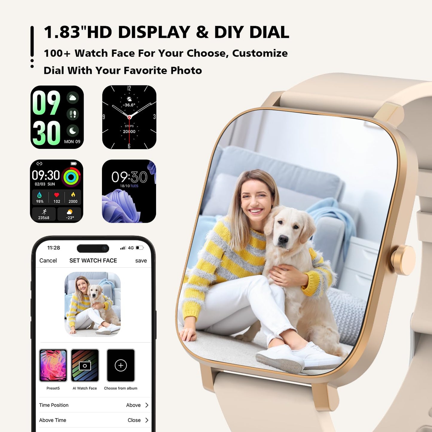 Smart Watch for Men Women SmartWatch 1.83" for iPhone Samsung Android Phone Compatible, Fitness Tracker Watch with Pedometer, Heart Rate/Sleep Monitor, Blood Oxygen, IP68 Waterproof