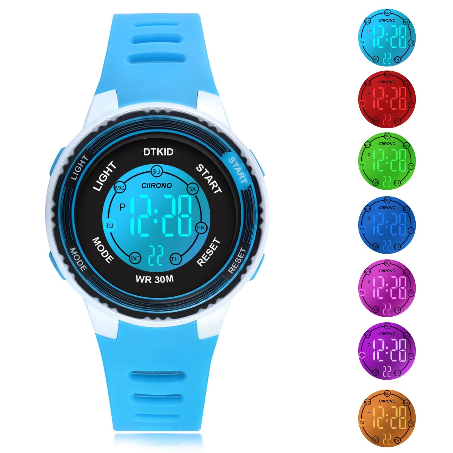DTKID Digital Kids Watch 30 M Waterproof, 7 Color Lights Time Teaching Watch Easy to Read for Girls Boys 5-16