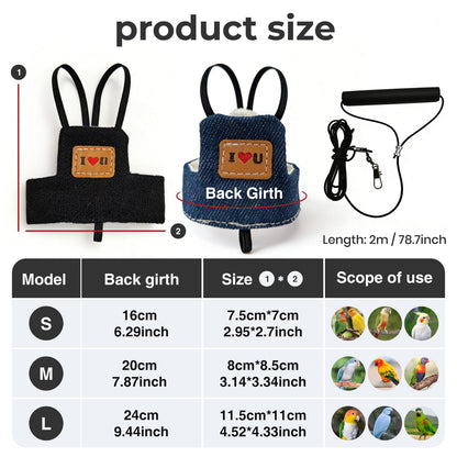 Bird Flight Harness Vest, Adjustable Training Design Anti-Bite, Suit with Leash for Parakeets Cockatiels Conures Budgies, Bird Flying Clothes with Rope and Handle (Cowboy L)