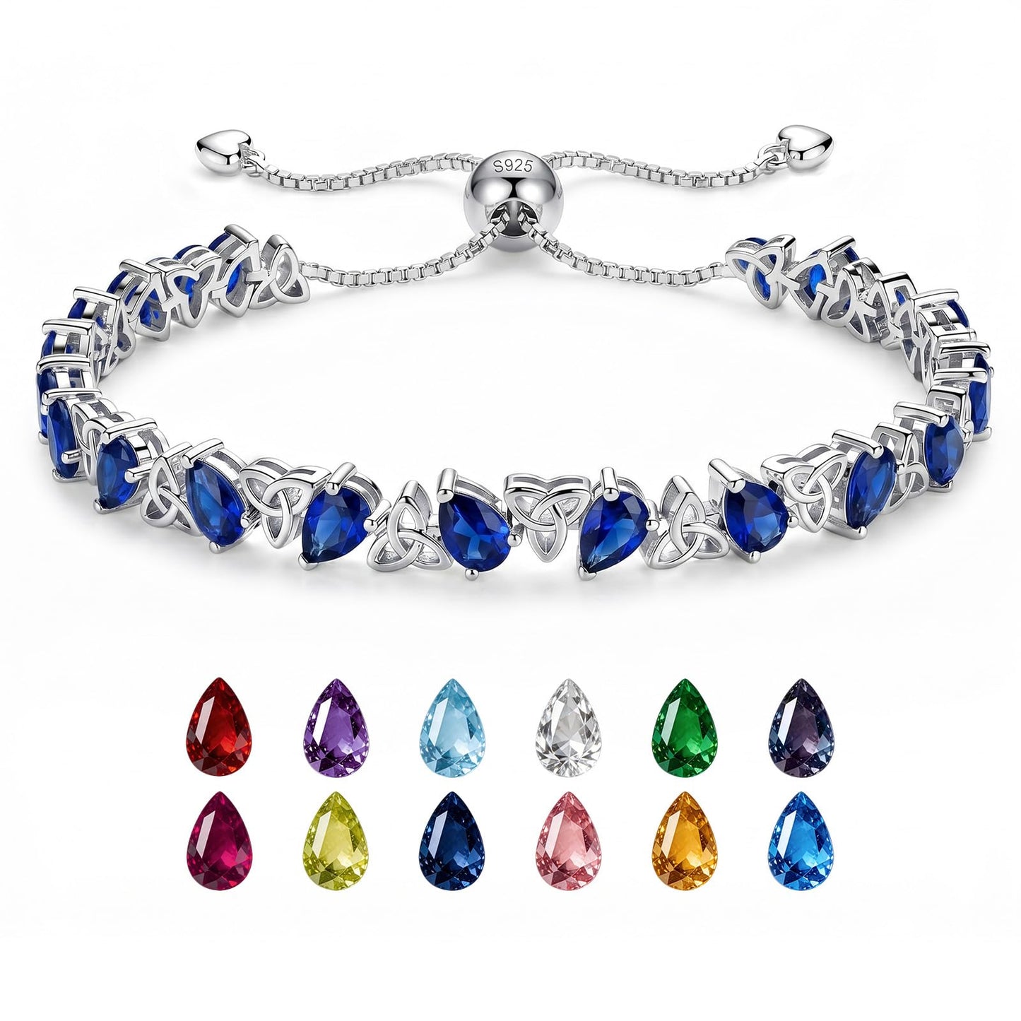 Birthstone Bracelets for Women, Pear Cut Tennis Bracelet 925 Sterling Silver, 6-9 Inch Adjustable Celtic Knot, Anniversary Birthday Jewelry Gifts for Women