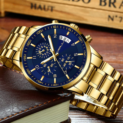 CRRJU Men's Fashion Stainless Steel Watches Date Waterproof Chronograph Wristwatches,Black Steel Band Waterproof Quartz Watch for Men