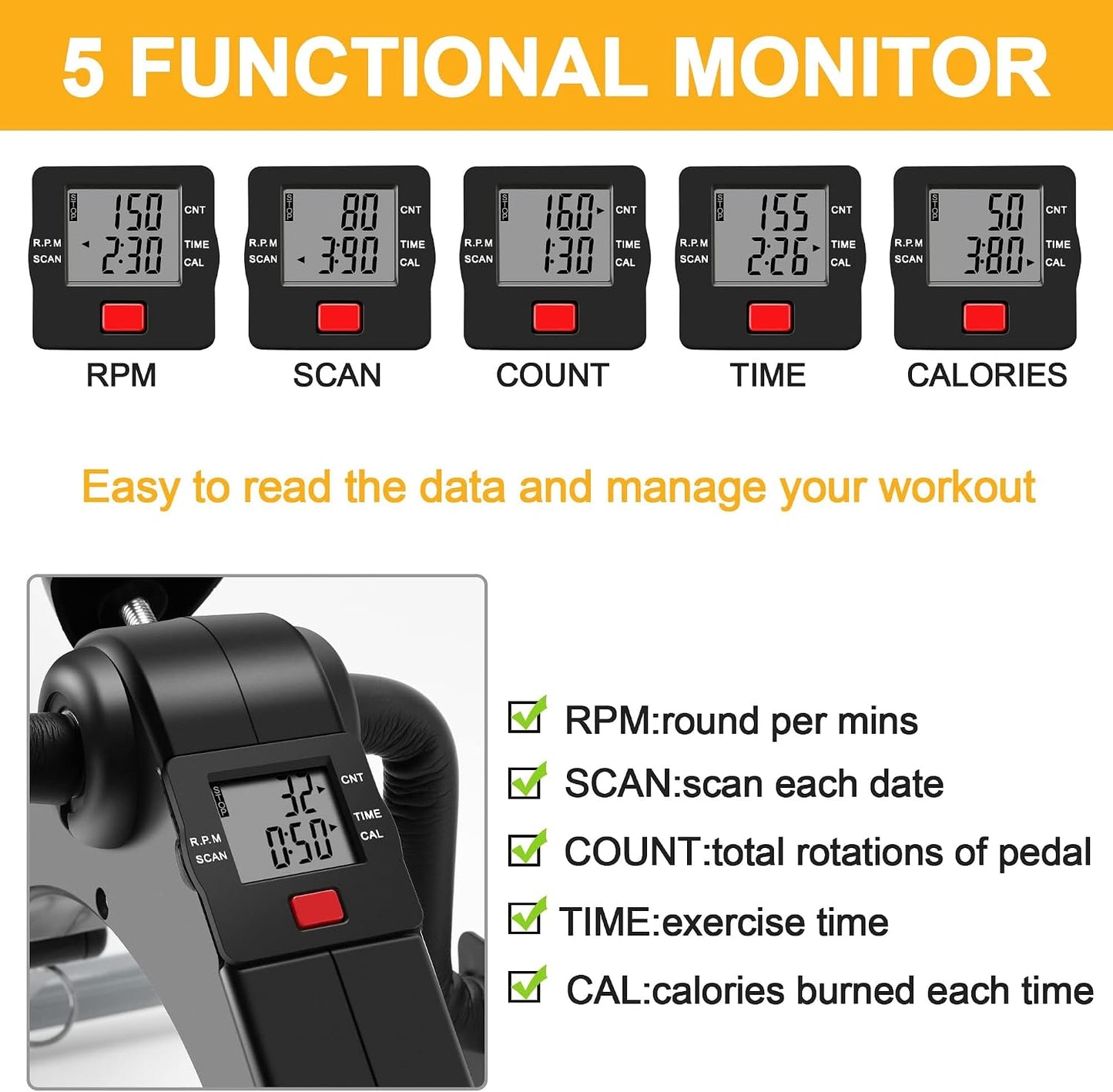 Pedal Exerciser Desk Exercise Bike Leg and Arm Exercise Bike with LCD Monitor Foldable and Porable (Black/Grey)