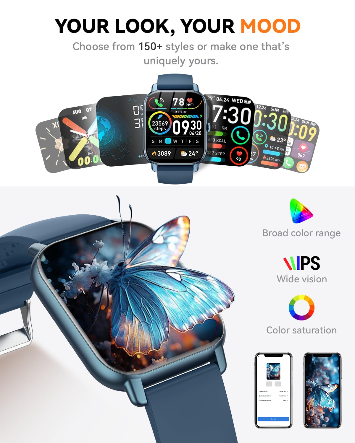 Smart Watches for Men Women, Fitness Tracker with Activity Counter/Sleep Monitor, IP68 Waterproof Smart Watch for Android iPhone iOS Compatible (Jet Black, 1.83)