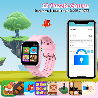 Smart Watch for Kids with 12 Puzzle Games, 1.83" Fitness Tracker Watch Heart Rate Sleep Monitor, Pedometer, Alarm Clock, Flashlight, Gift for 6-12 Year Old Boys Girls