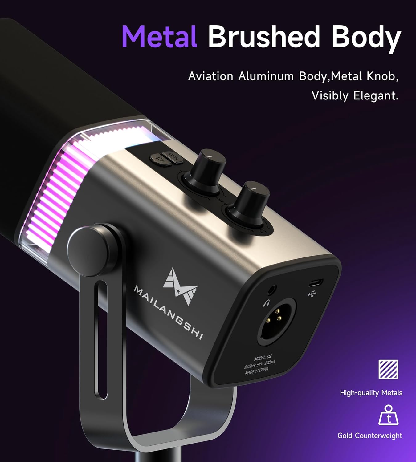 MAILANGSHI 192KHz/32bit Dynamic Podcast Microphone for PC, USB & XLR Mic with RGB Lighting, Desktop Stand, Mute Button, All-Metal Body, Gain & Volume Control, Gaming Microphone for Livestreaming