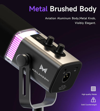 MAILANGSHI 192KHz/32bit Dynamic Podcast Microphone for PC, USB & XLR Mic with RGB Lighting, Desktop Stand, Mute Button, All-Metal Body, Gain & Volume Control, Gaming Microphone for Livestreaming