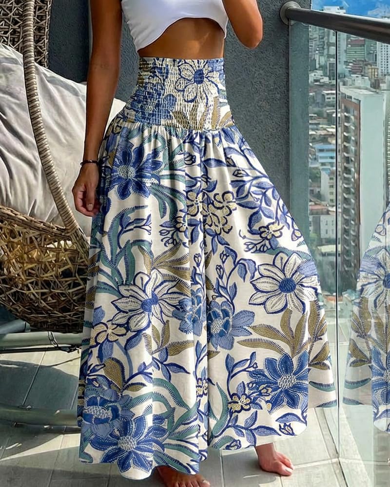 CHICME Boho Floral Shirred High Waisted Wide Leg Pants Flowy Palazzo Pants Summer Beach Vacation Wear