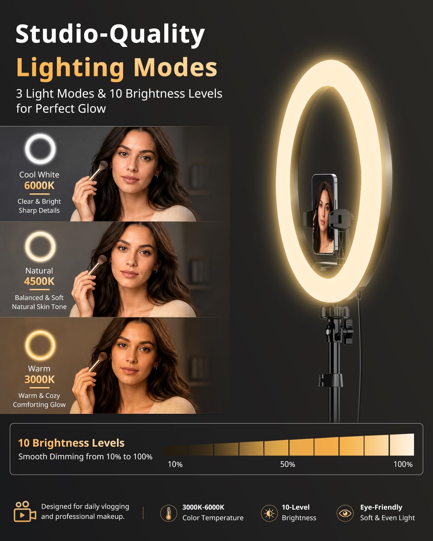 UBeesize 12'' LED Ring Light with 62'' Tripod Stand, Selfie Ring Light for Video Recording, Live Streaming, TikTok & YouTube, Compatible with iPhone & Android (Black)