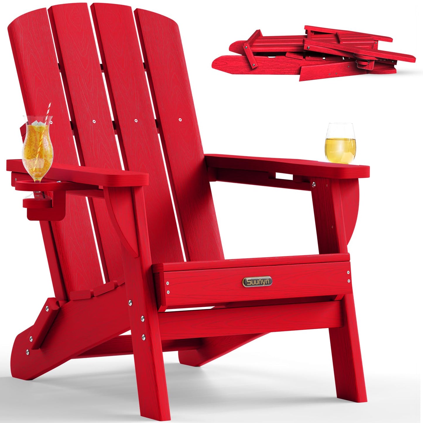 Folding Adirondack Chair, HDPE Adirondack Chairs with 2 Cup Holder, Plastic All-Weather Fire Pit Chairs, Outdoor Lawn Chair for Patio Garden (Grey)