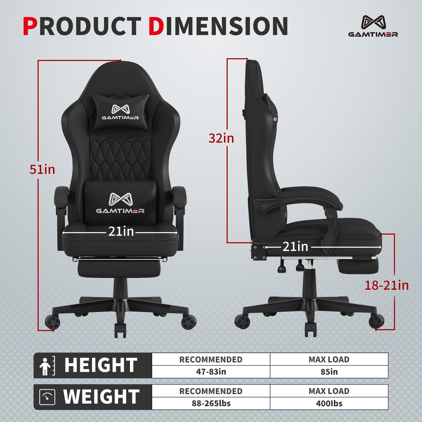 Gamtimer Gaming Chair with Footrest, Ergonomic Computer Chair, PU Breathable Material with Headrest and Lumbar Support, Suitable for Silla Gamer and Adults（Grey）