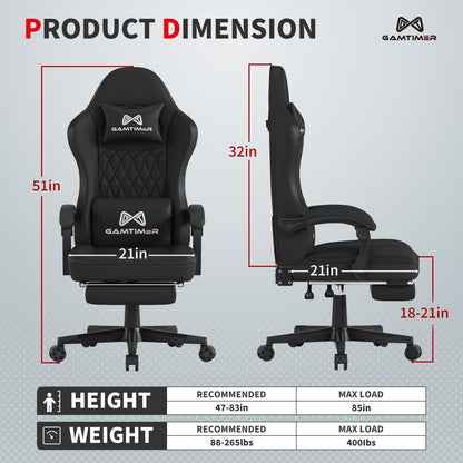 Gamtimer Gaming Chair with Footrest, Ergonomic Computer Chair, PU Breathable Material with Headrest and Lumbar Support, Suitable for Silla Gamer and Adults（Grey）