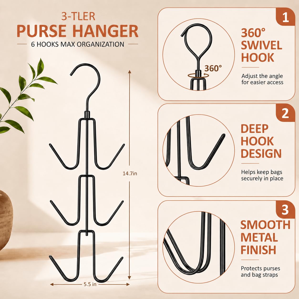ZEDODIER 2 Pack Purse Organizer for Closet, Heavy-Duty Hanging Purse Hanger Closet Holds Up to 12 Purses, Metal Rotating Space Saving Bag Holder Handbag Storage Hook Backpack Rack, Silver