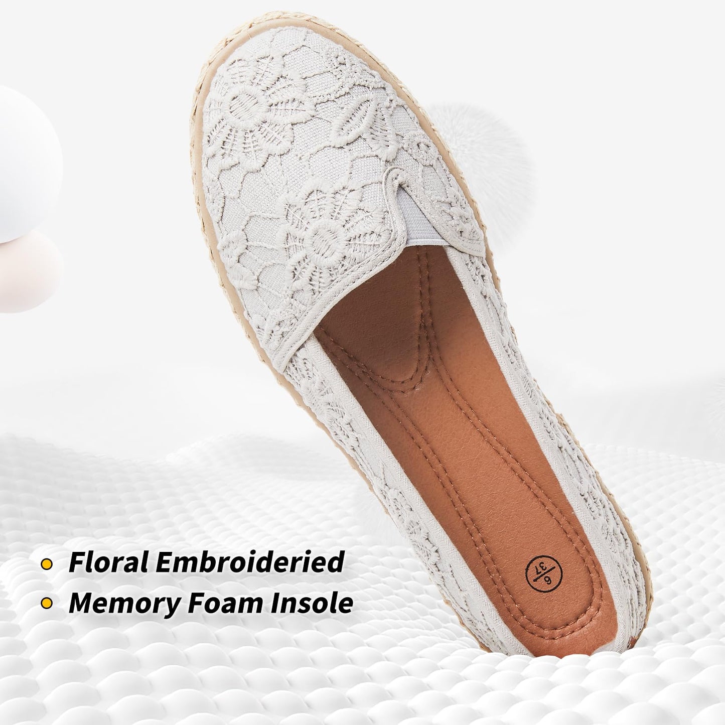 BABUDOG Women's Flats with Flower Embroideried,White Lace Ballet Flats,Comfortable Dress Flats
