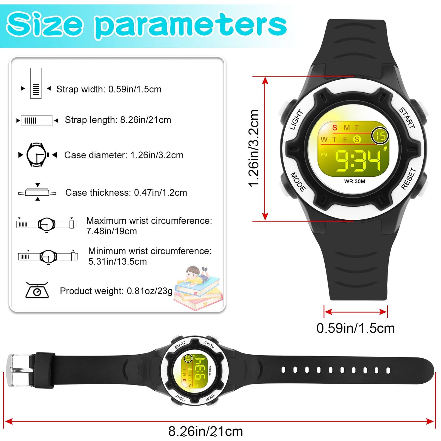 DTKID Digital Kids Watch 30 M Waterproof, 7 Color Lights Time Teaching Watch Easy to Read for Girls Boys 5-16