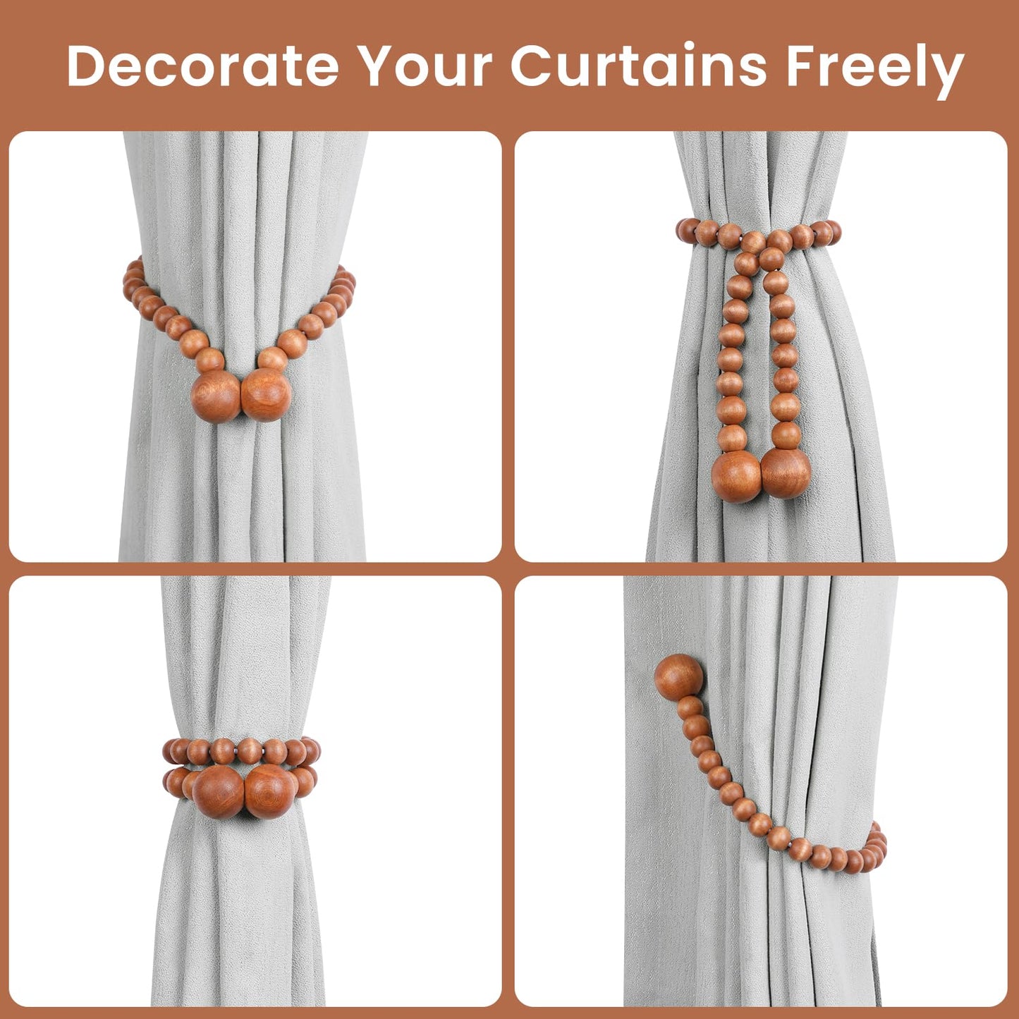 KLOGTSIND Magnetic Curtain Tiebacks, Curtain Holdbacks for Curtains 2 Pack, Wood Bead Curtain Holders for Boho Bedroom Decor, Baby Nursery Decor, Farmhouse Decor