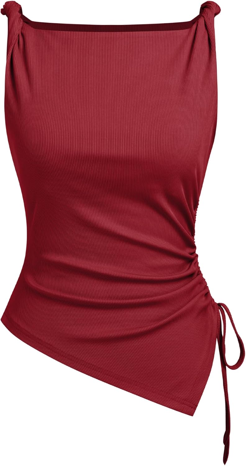 CIDER Womens Going Out Tops Ruched Sleevelss Boat Neck Asymmetrical Hem Summer Club Crop Tank Tops