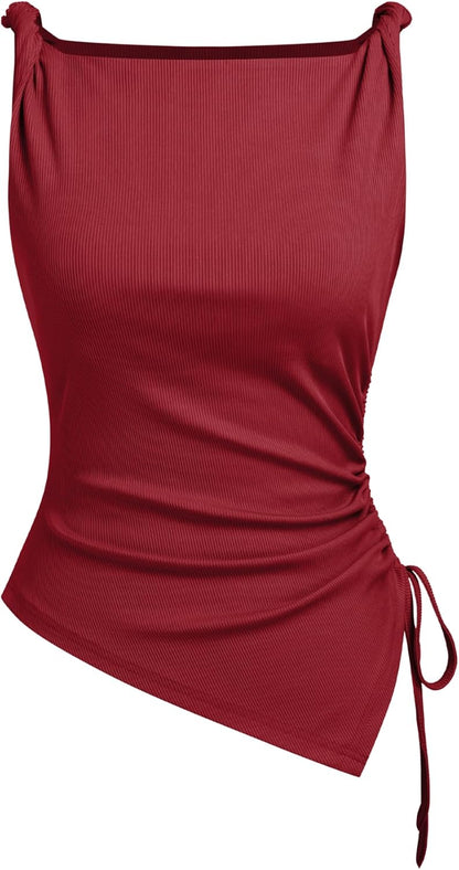 CIDER Womens Going Out Tops Ruched Sleevelss Boat Neck Asymmetrical Hem Summer Club Crop Tank Tops