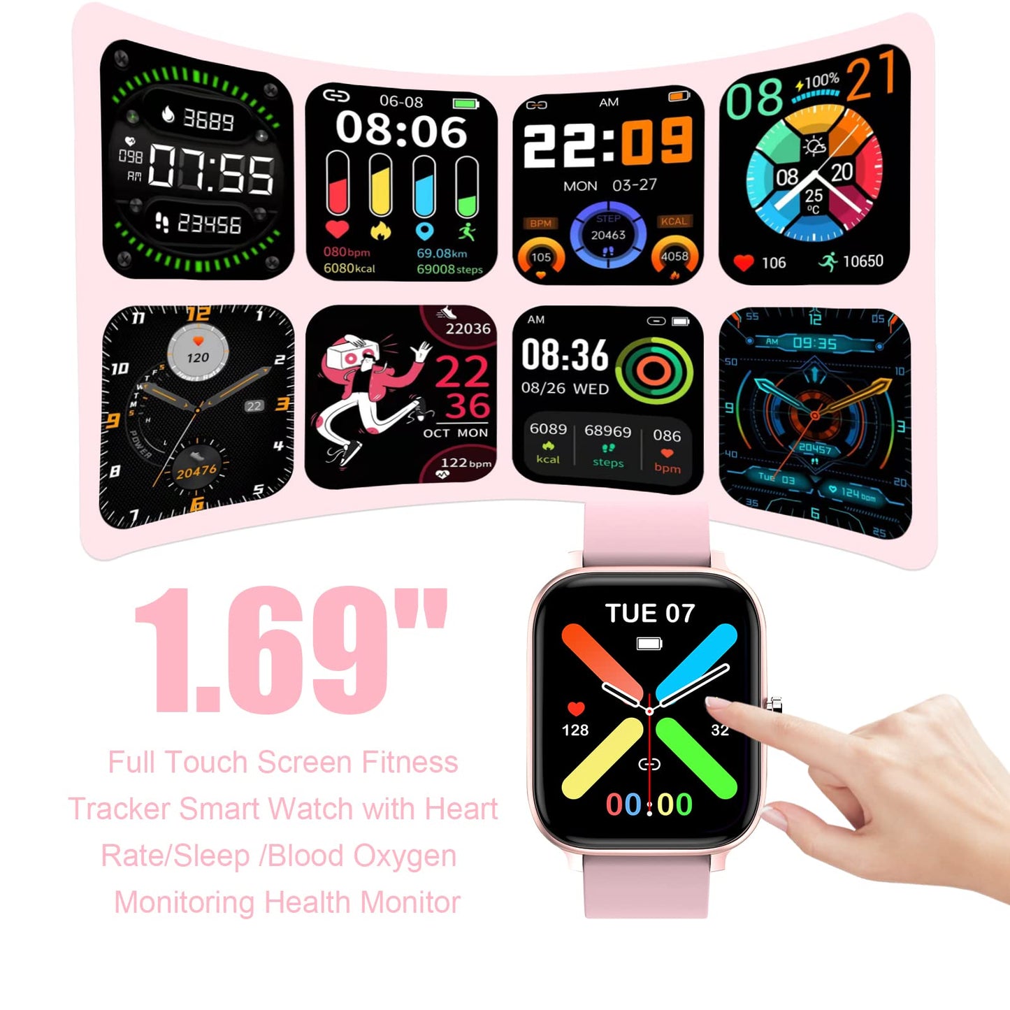 Smart Watch for Men Women Compatible with iPhone Samsung Android Phone 1.69 inch Full Touch Screen IP68 Waterproof Bluetooh Fitness Tracker Heart Rate/Sleep Monitor (Black)