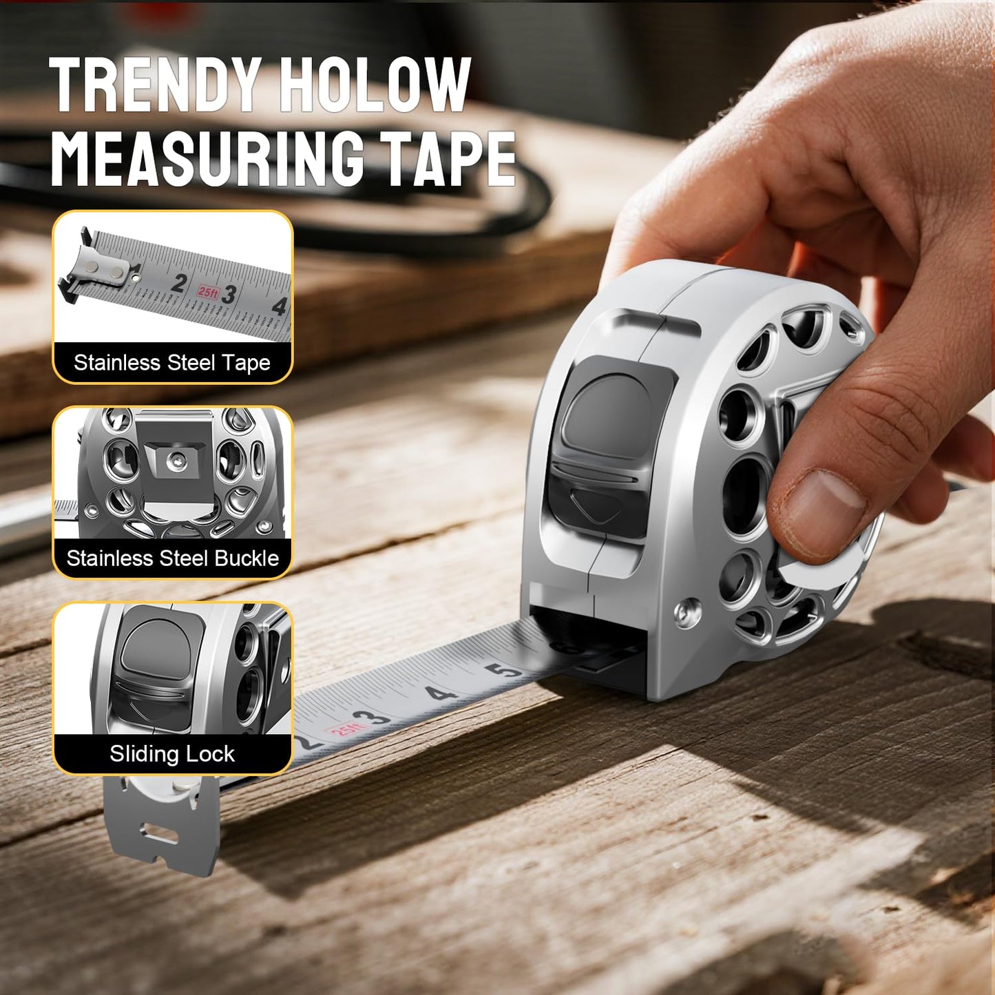 STEELITE Tape Measure 25'FT Stainless Steel Waterproof & Rustproof Retractable Measuring Tape with Hollow Design Carbon Fiber