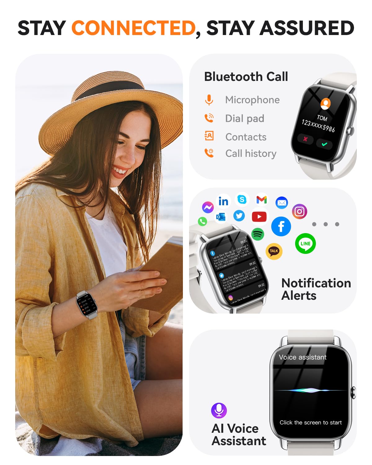 Smart Watches for Men Women, Fitness Tracker with Activity Counter/Sleep Monitor, IP68 Waterproof Smart Watch for Android iPhone iOS Compatible (Jet Black, 1.83)