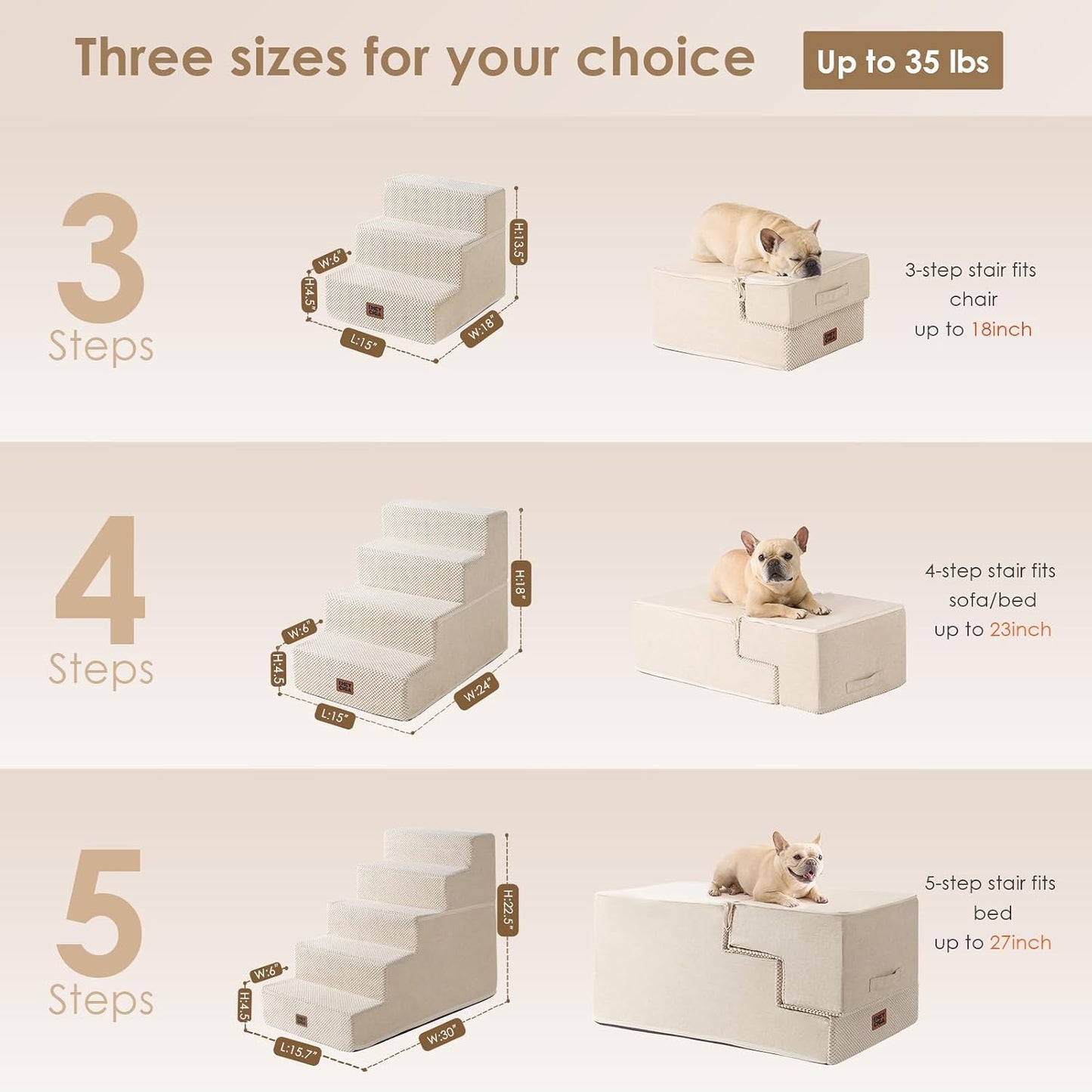 EHEYCIGA Dog Stairs for Small Dogs 13.5" H, 3-Step Dog Steps for Couch Sofa and Chair, Pet Steps for Medium Cats, Non-Slip Balanced Pet Ramp Indoor, Grey