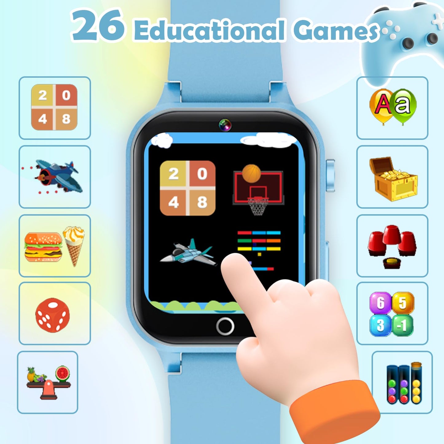Luyiilo Smart Watch for Kids, with 26 Puzzle Games, Touch Screen, HD Camera, Alarm Clock, Toys for Ages 4-12 Years Old.Birthday Gift for Boys Girls (Blue)