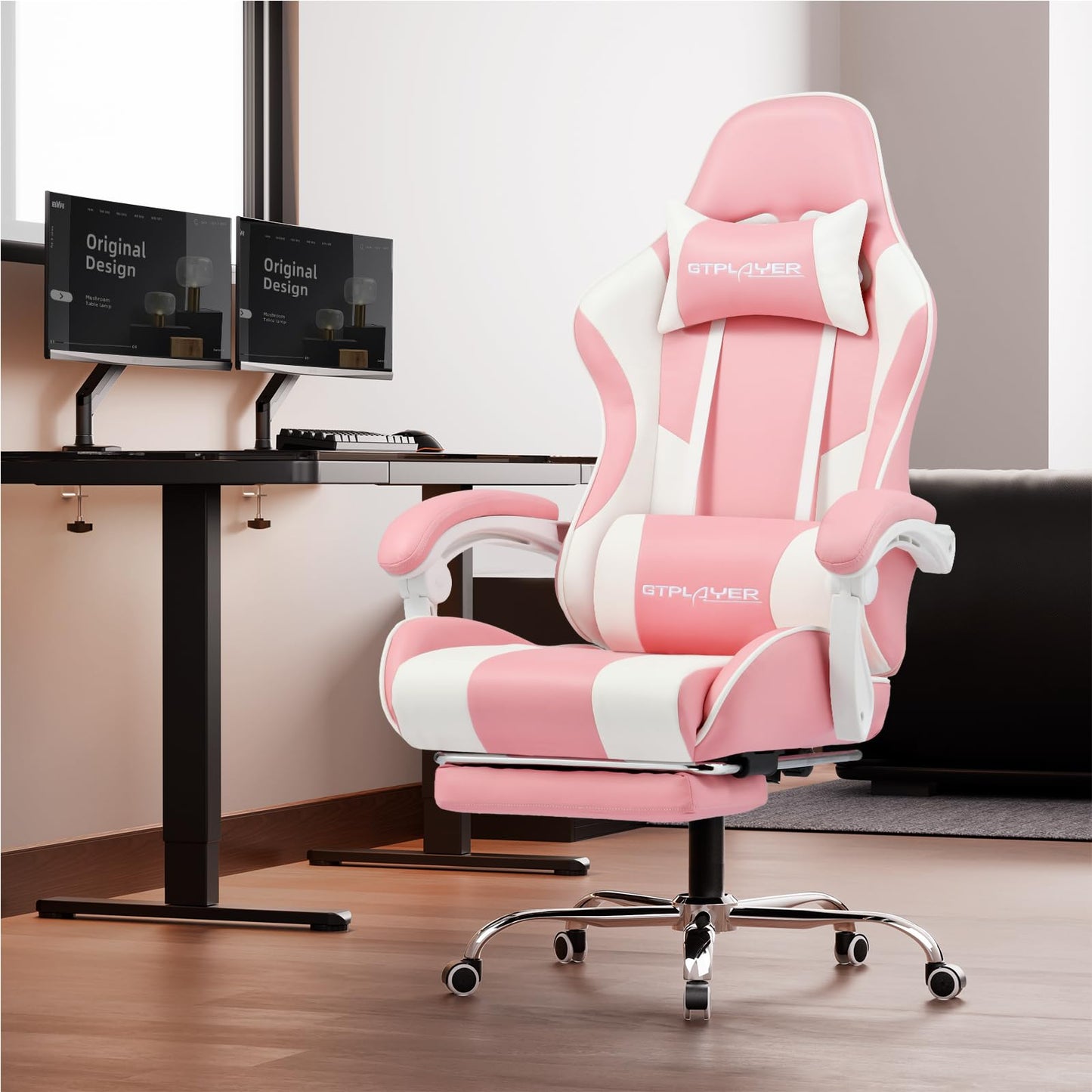 GTPLAYER Gaming Chair, Computer Chair with Footrest and Lumbar Support, Height Adjustable Game Chair with 360°-Swivel Seat and Headrest and for Office or Gaming (Pearl White)