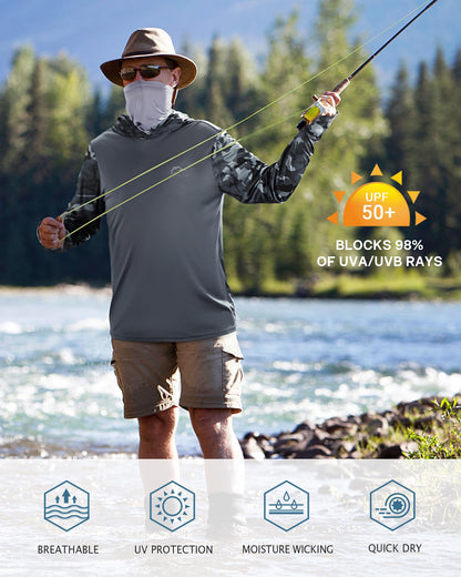 FISHEAL Men's Performance Fishing Hoodie Shirt - UPF 50+ UV Sun Protection Long Sleeve Shirts with Mesh Face Mask