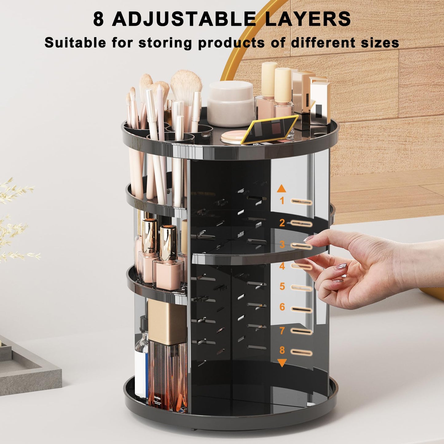 Rotating Makeup Organizer, DIY 8 Adjustable Layers Spinning Skincare Storage, Cosmetic Display Case with Brush Holder and Perfume Tray, Multi-Function Vanity Bathroom Countertop Organizer Black