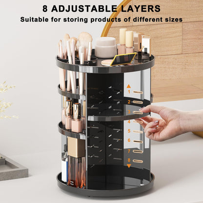 Rotating Makeup Organizer, DIY 8 Adjustable Layers Spinning Skincare Storage, Cosmetic Display Case with Brush Holder and Perfume Tray, Multi-Function Vanity Bathroom Countertop Organizer Black