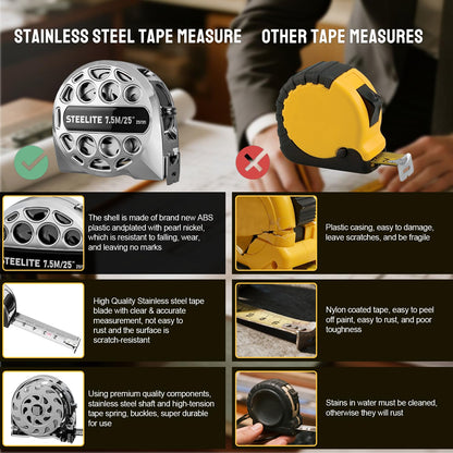 STEELITE Tape Measure 25'FT Stainless Steel Waterproof & Rustproof Retractable Measuring Tape with Hollow Design Carbon Fiber