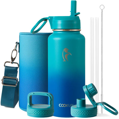 Half Gallon Water Bottle Insulated with Straw & 3 Lids, Coolflask 64 oz Water Jug Large Metal Stainless Steel Wide Mouth for Sports, Gym or Office, Non-BPA Keep Cold 48H Hot 24H, Samurai Cyan