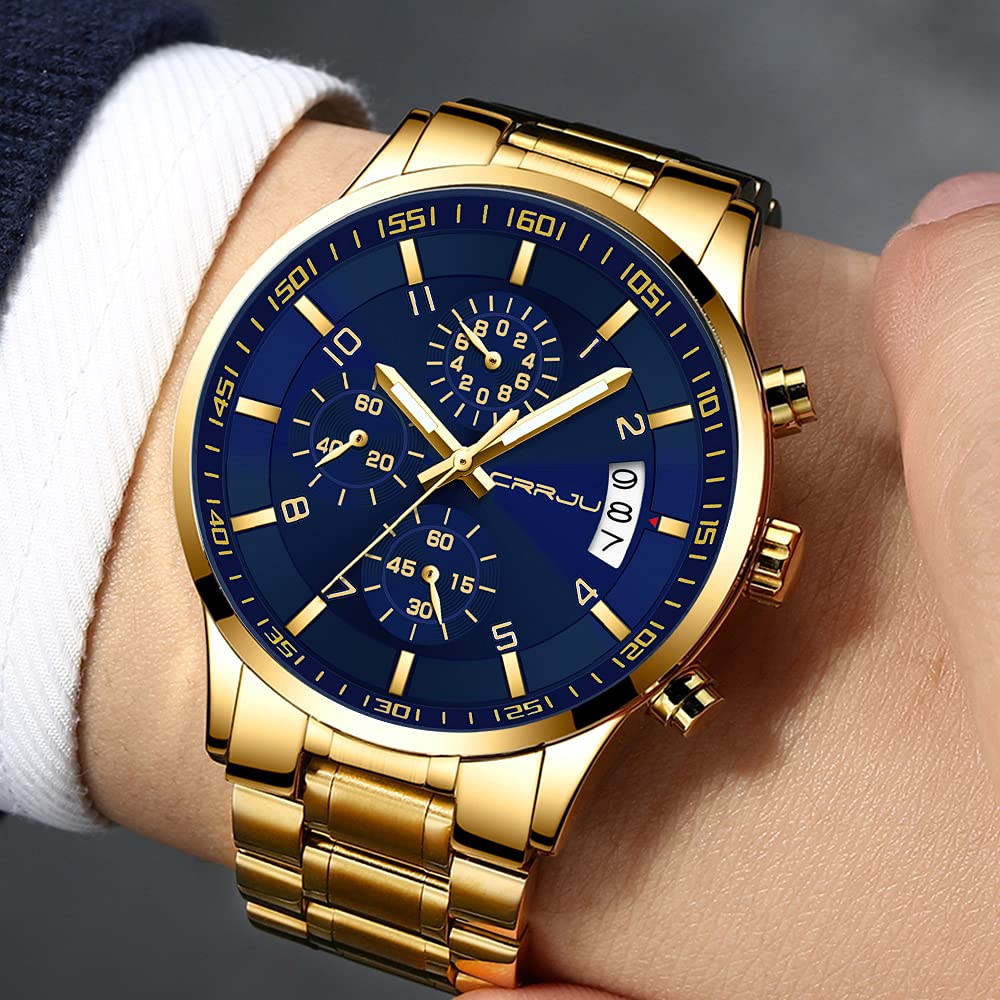 CRRJU Men's Fashion Stainless Steel Watches Date Waterproof Chronograph Wristwatches,Black Steel Band Waterproof Quartz Watch for Men